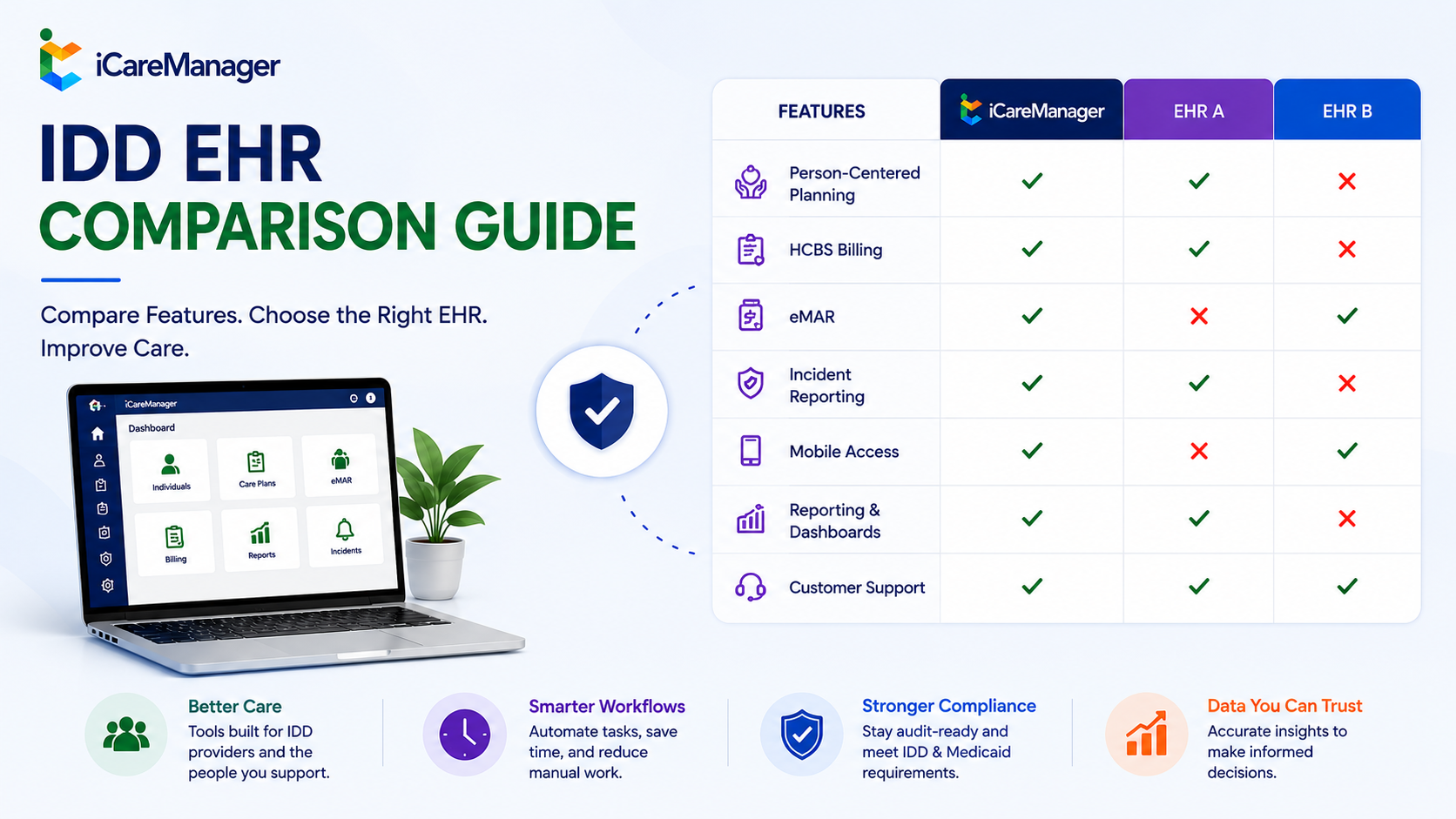 IDD EHR comparison guide feature matrix comparing iCareManager with other platforms