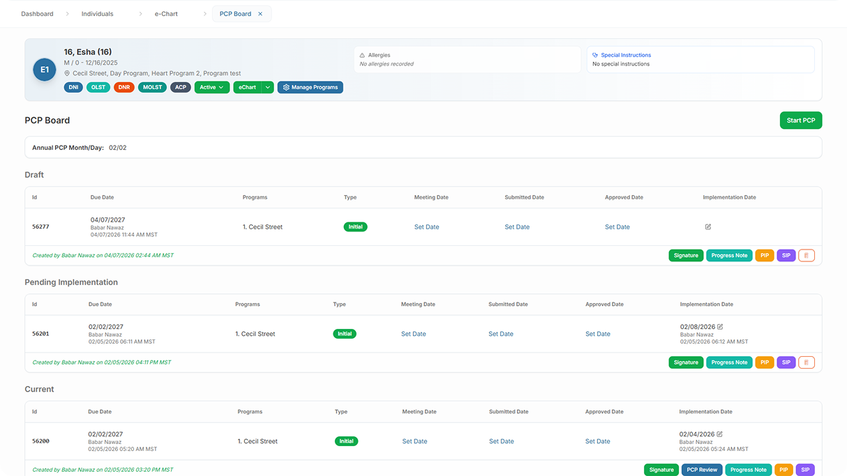 iCareManager PCP/ISP planning board showing individual plans, due dates, review status, and team assignments