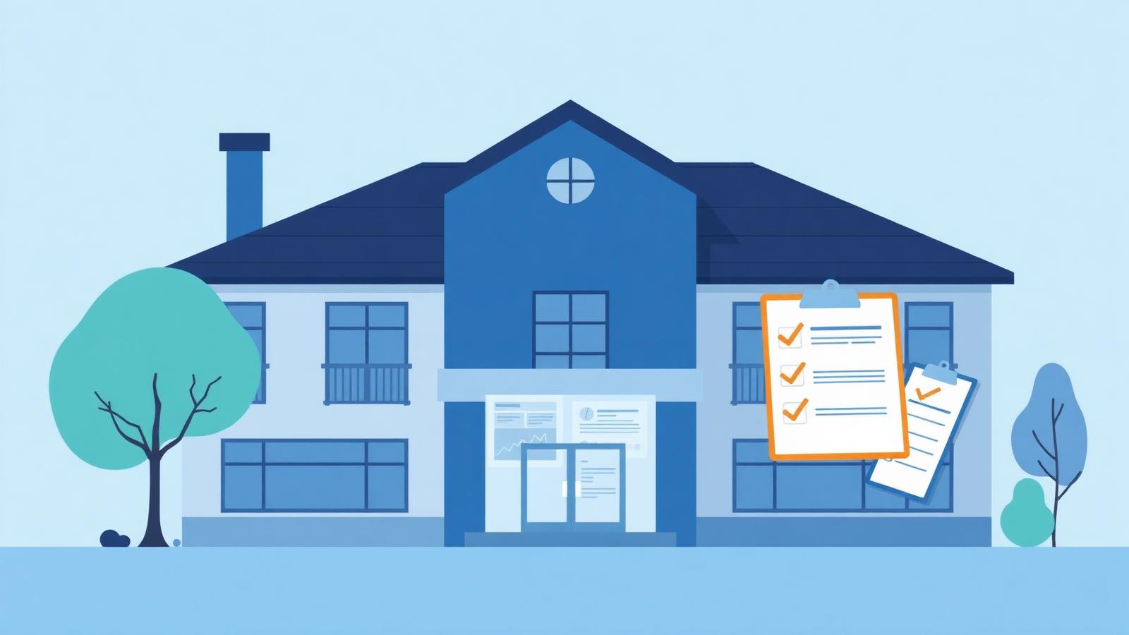Illustration of an assisted living community with an EHR evaluation checklist