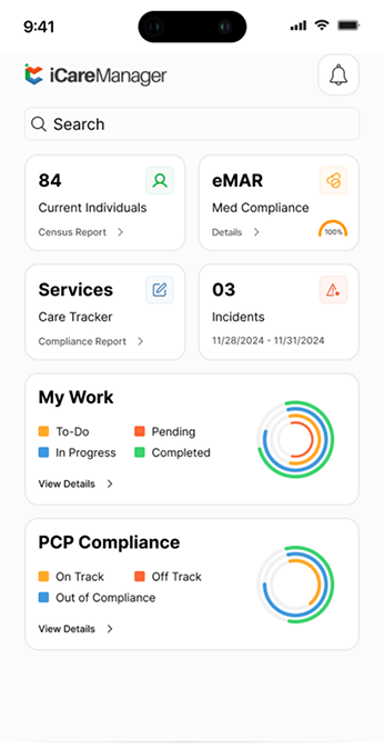 iCareManager mobile app home dashboard with census, eMAR compliance, and PCP compliance cards
